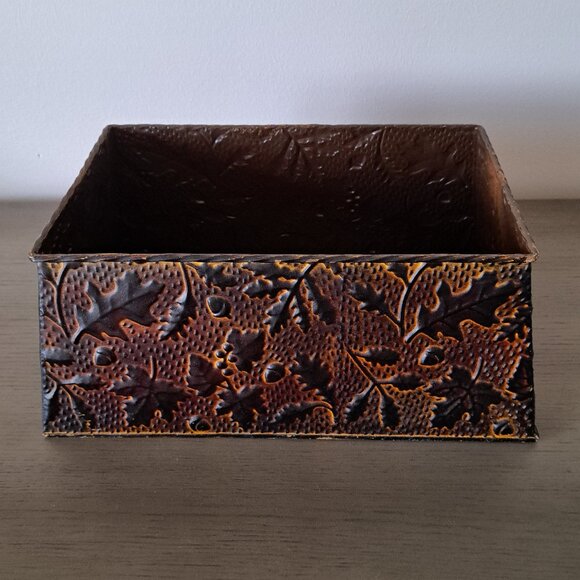 Vintage Distressed Metal Basket Fall Motif Large Ornamental Box with Handles - Picture 2 of 9